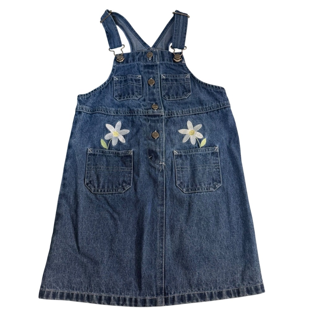 Vintage Y2K Arizona Jean Co Denim Overall Dress embroidery floral daisy girls 6X